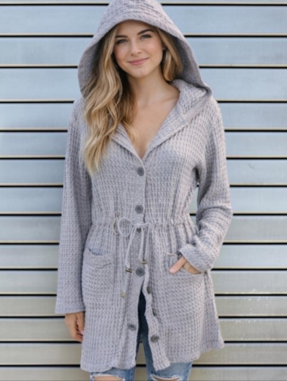 Mododoc Waffle Knit Hooded Gray Long Cardigan Duster Jacket Cinch Waist Size M